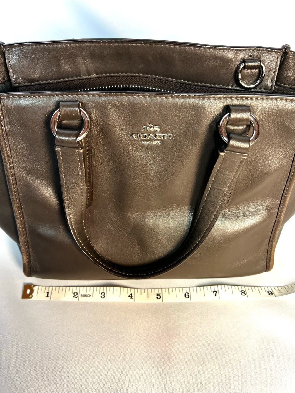 Coach Dark Taupe Small Leather Tote Satchel Bag Silver Hardware - Picture 12 of 14